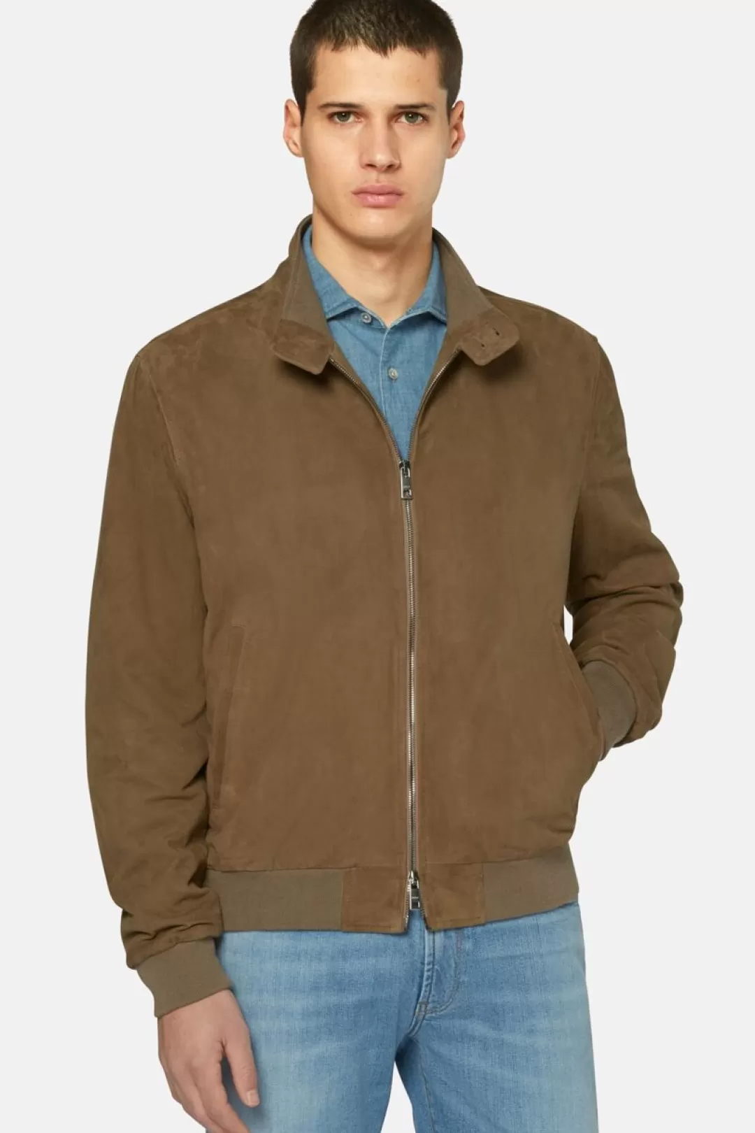 Boggi Bomber In Vera Pelle Scamosciata Taupe New