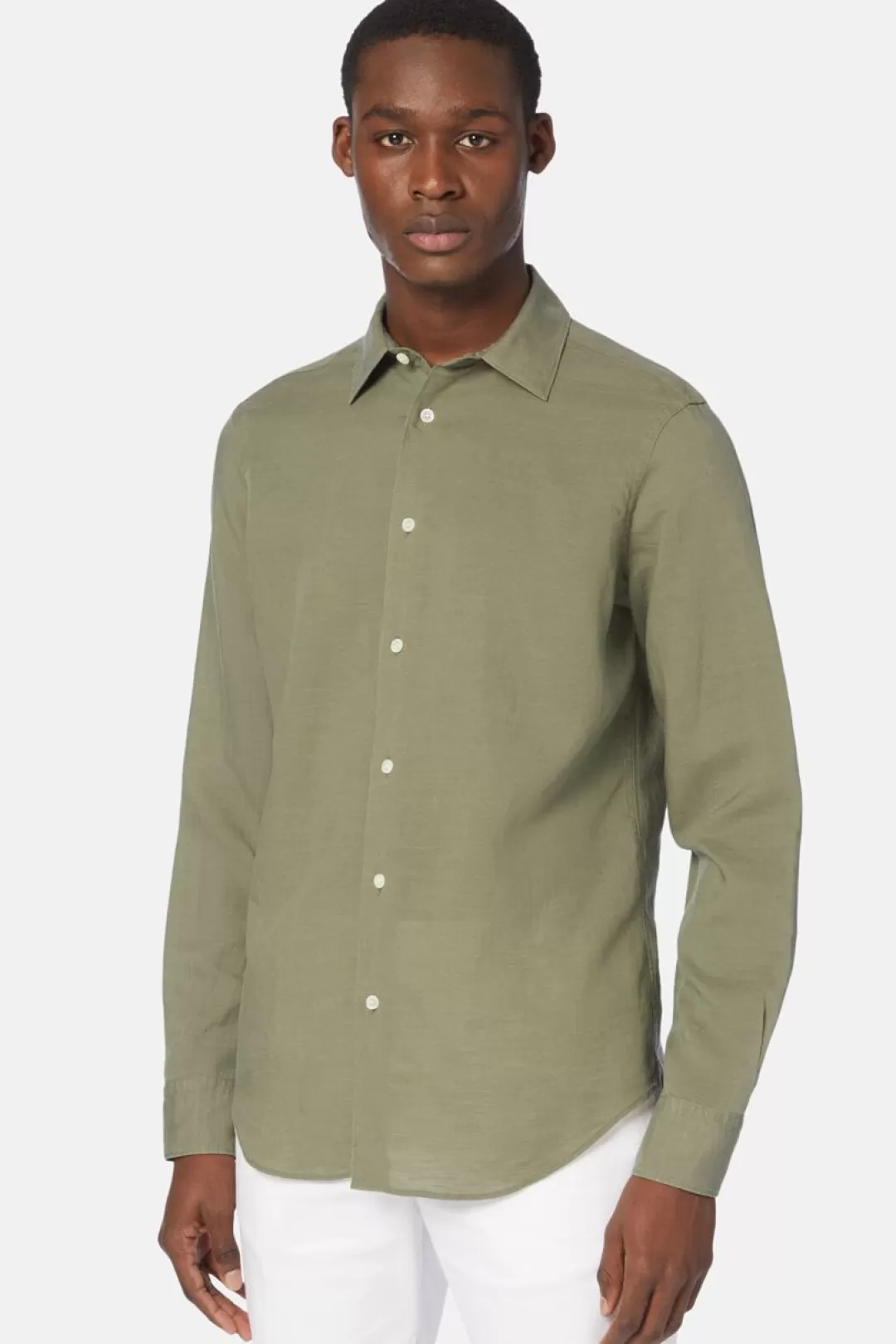 Boggi Camicia In Tencel Lino Regular Fit Verde Discount