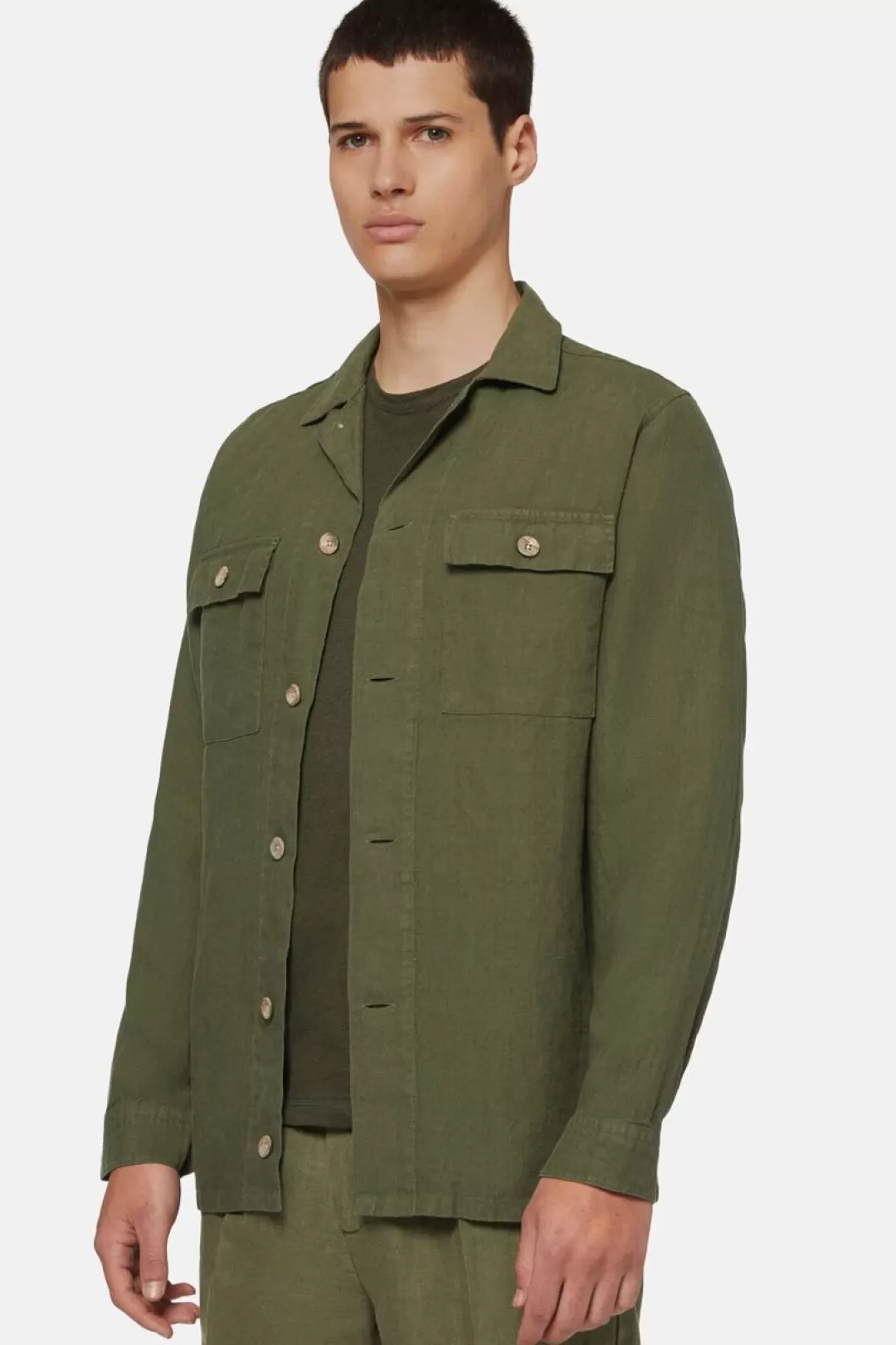 Boggi Camicia Over Camp Verde In Lino Militare Outlet