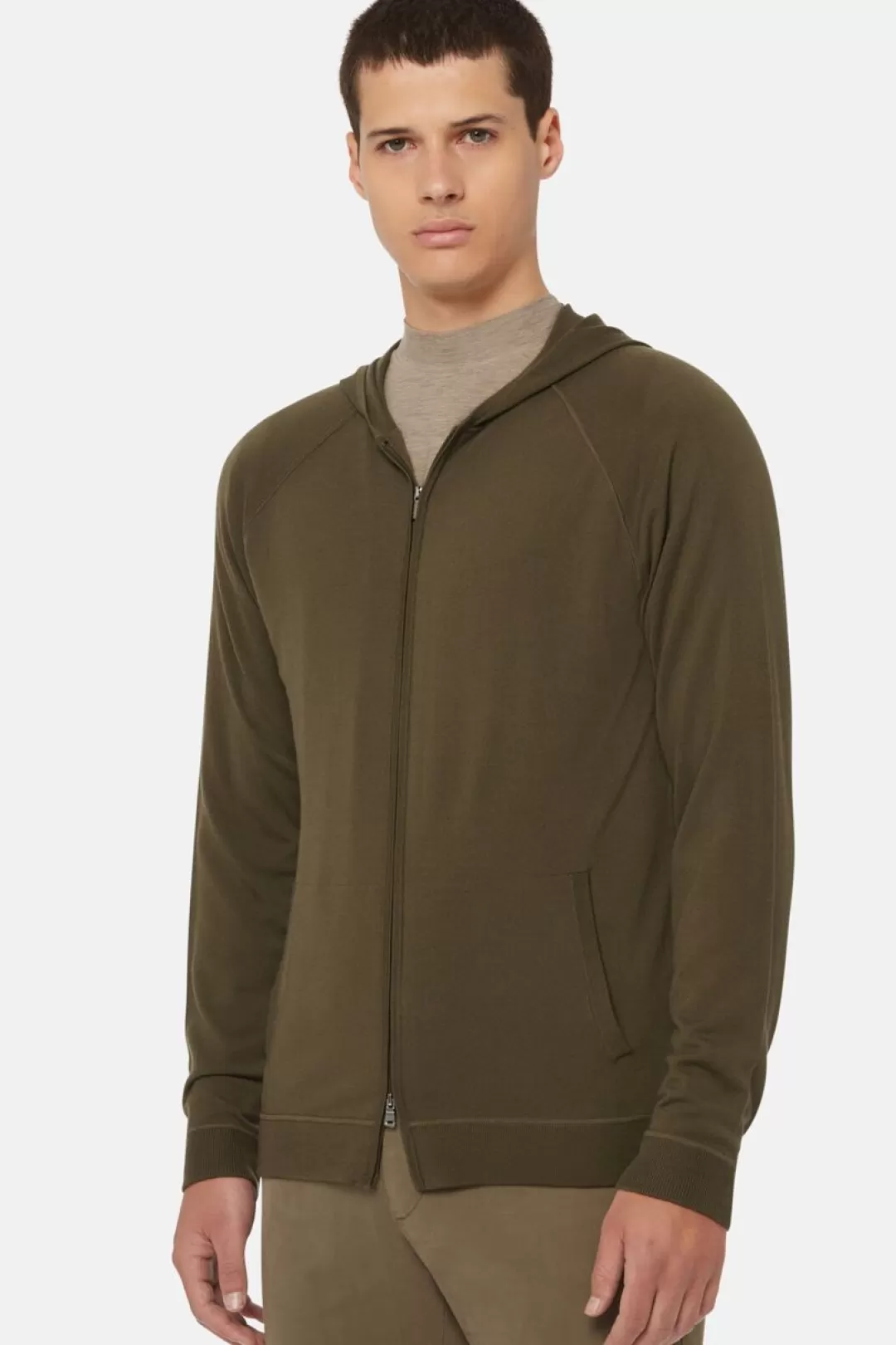 Boggi Maglia Full Zip Cappuccio Verde In Merino Militare Sale