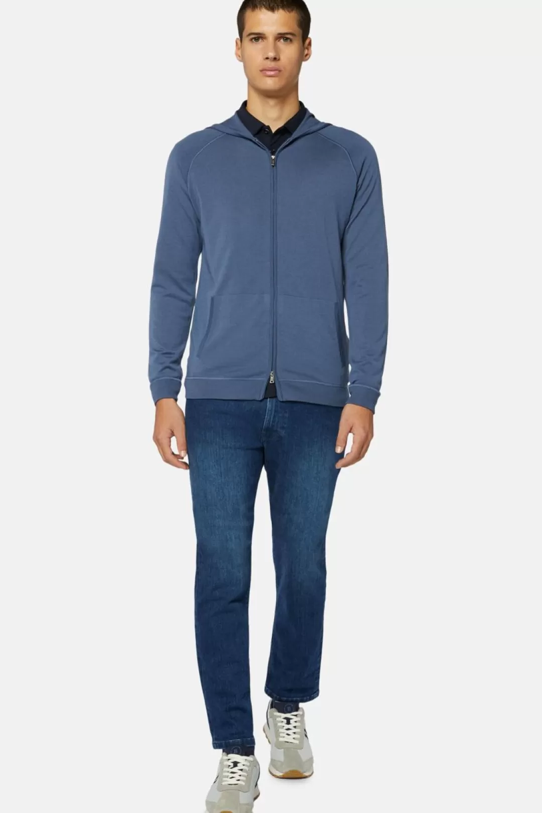 Boggi Maglia Full Zip Con Cappuccio Avio In Lana Merino Air-Blu Fashion