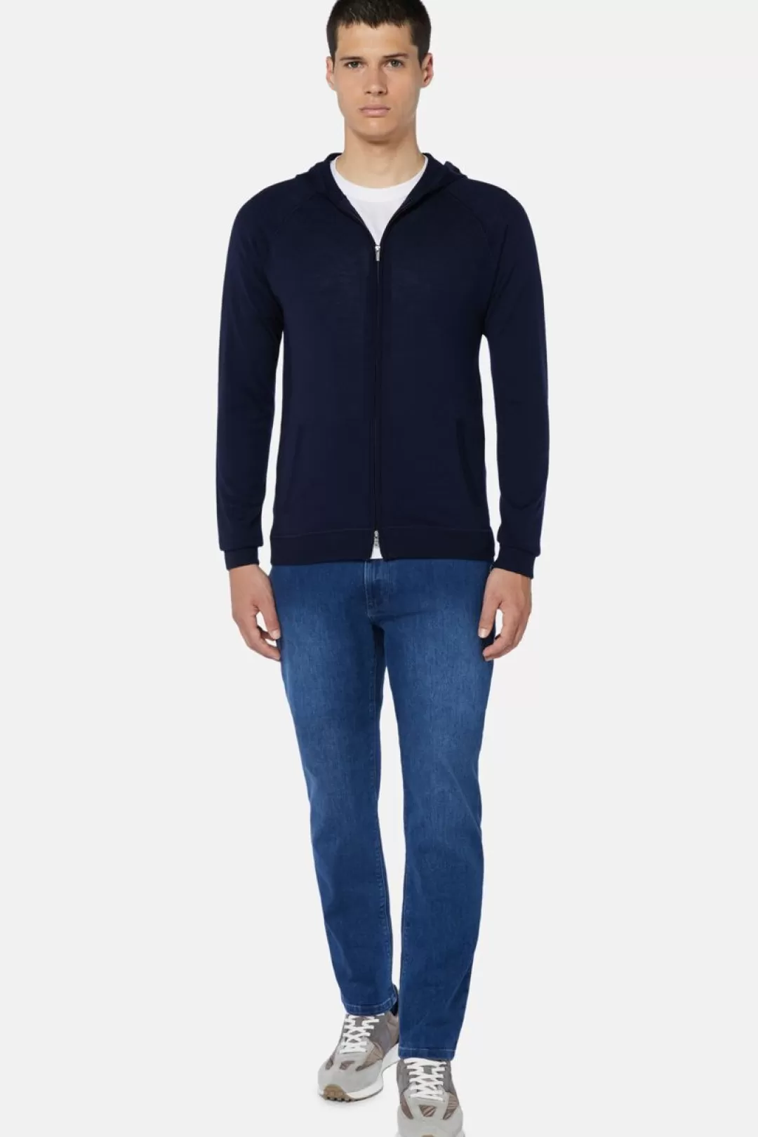 Boggi Maglia Full Zip Con Cappuccio In Lana Merino Navy New