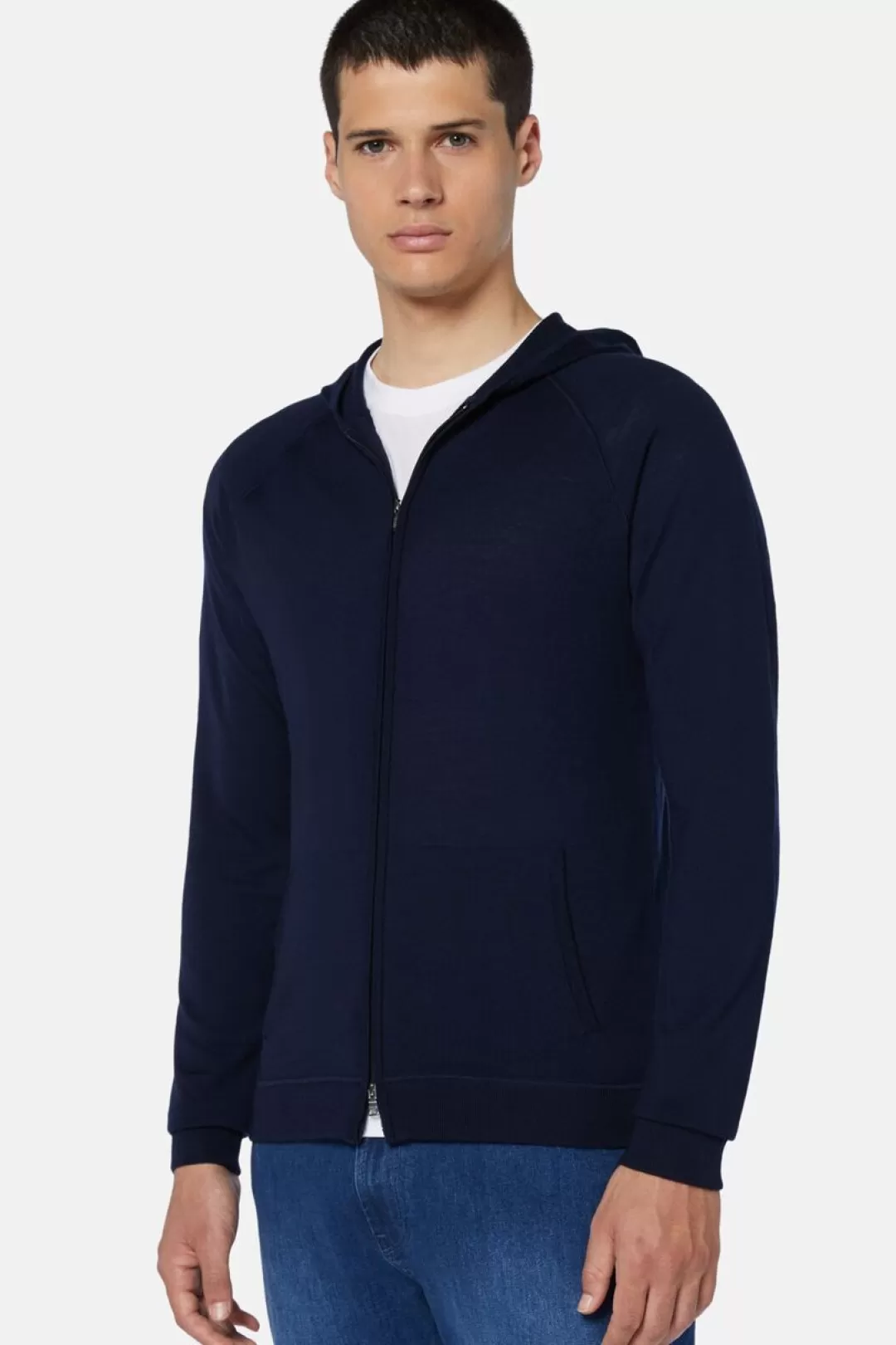 Boggi Maglia Full Zip Con Cappuccio In Lana Merino Navy New